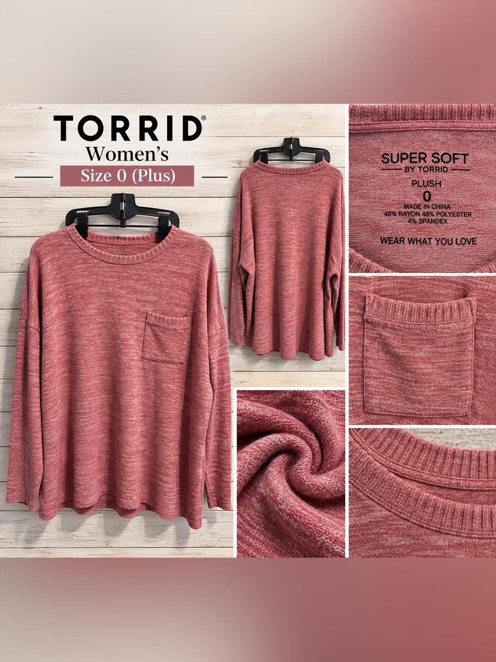 Torrid Super Soft Plush Heather Rose Long Sleeve Pocket Tee - Size 0 (Plus)